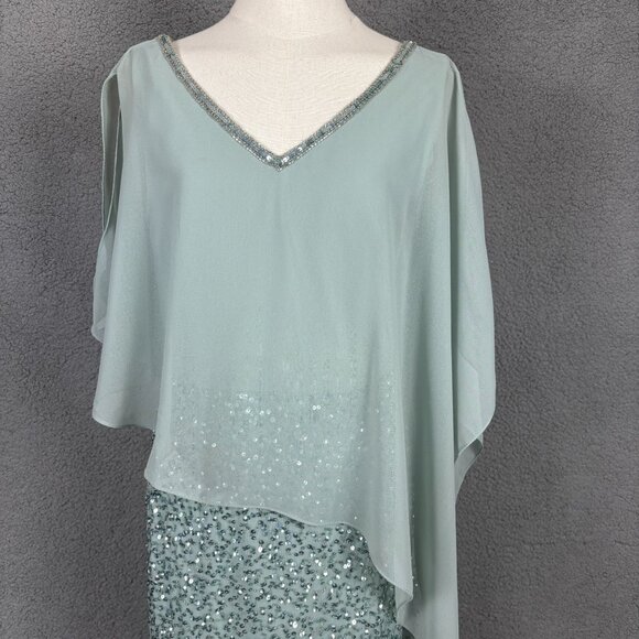 Jkara Celadon Sequin Cocktail Dress W/ Sheer Overlay V-Neck Size 8P Green NWT's - Picture 2 of 8